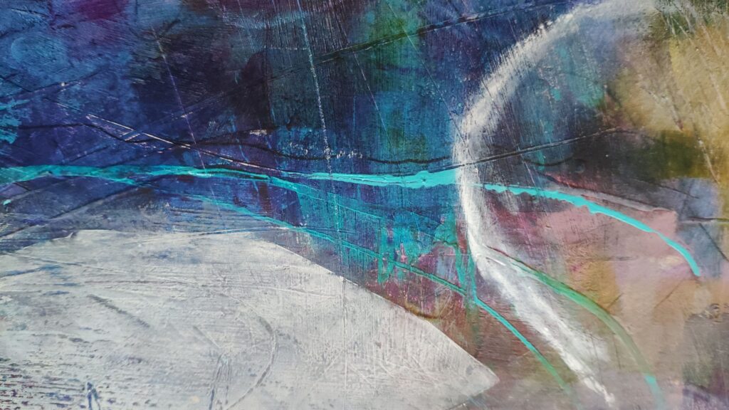détail d'une peinture acrylique avec des lignes bleues et formes blanches de Florence Rigneau facilitatrice visuelle à Dijon
