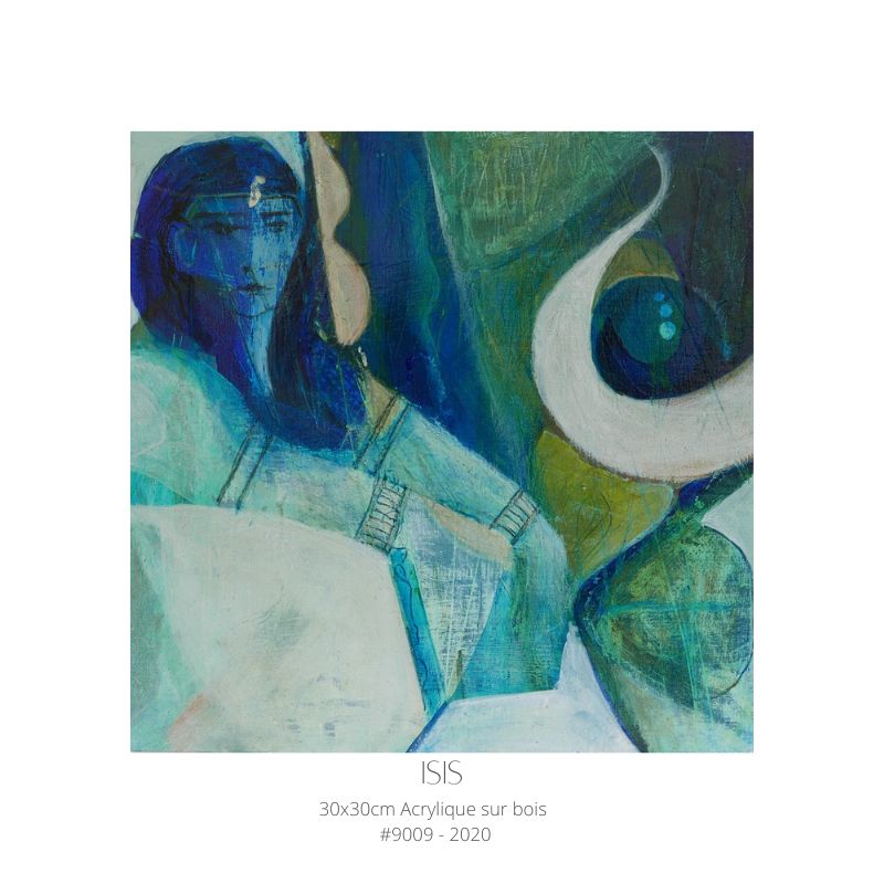 peinture contemporaine à l'acrylique sur bois de 30 cm sur 30cm à l'acrylique représentant Isis sur un trône avec le symbole de corne et figures géométrique dans les couleurs bleu turquoises bleur outremer et blanc cassé réalisé par Florence Rigneau