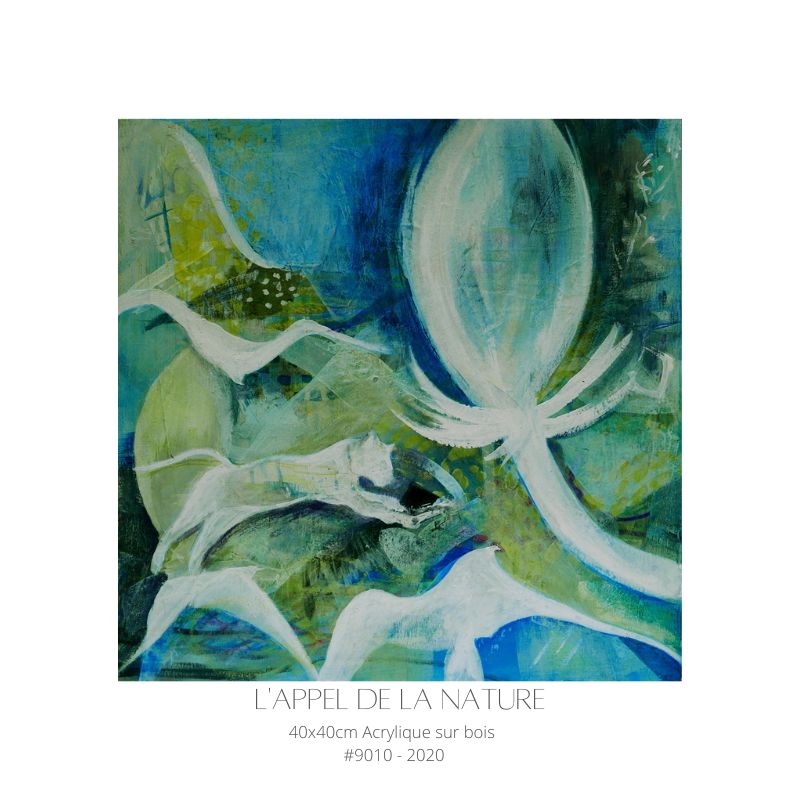 Peinture semi figurative où on voit des animaux et plantes sur un fond avec formes géométriques bleues et vertes peinte par florence rigneau