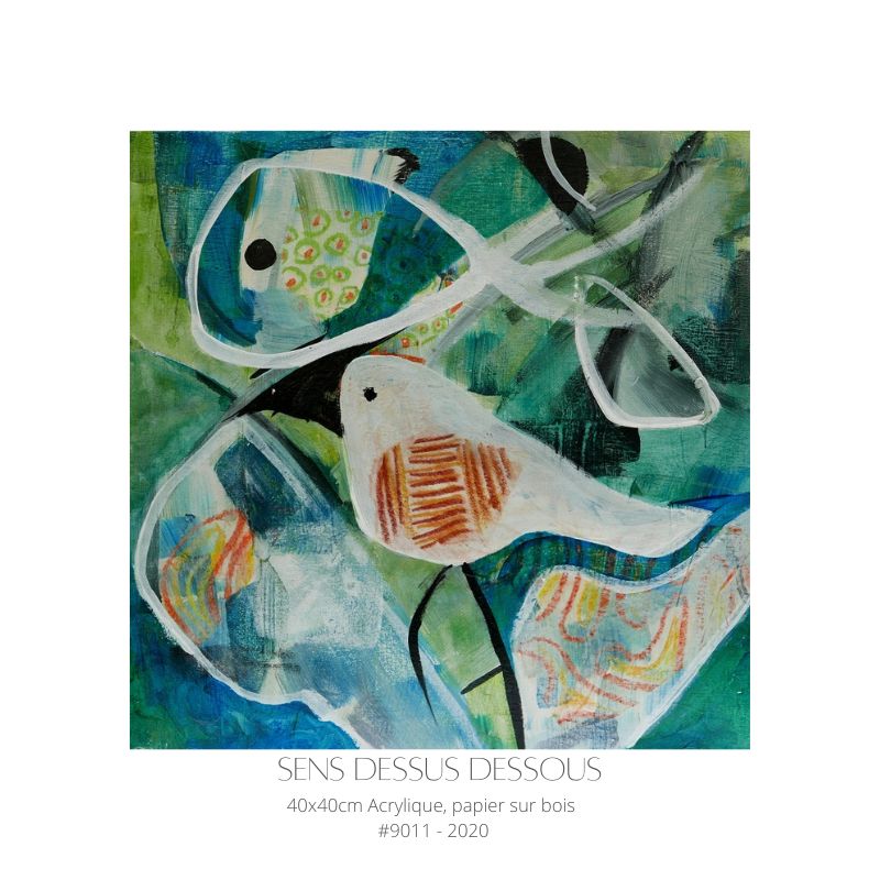 tableau acrylique et pastel avec des collages papier sur de couleurs vertes et bleues représentant des oiseau et poisson et autres formes symbolisant la nature peint par Florence Rigneau