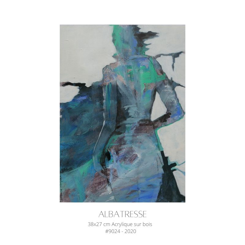 Tableau ALBATRESSE : peinture figurative abstraite contemporaine, silhouette féminine de dos dans des tons bleu turquoise, vert émeraude et gris, acrylique sur bois 38 × 27 cm, œuvre d'art moderne 2020