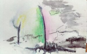 Aquarelle réalisée par Florence Rigneau en direct lors du coaching d'une personne et qui représente symboliquement la session Art et mots