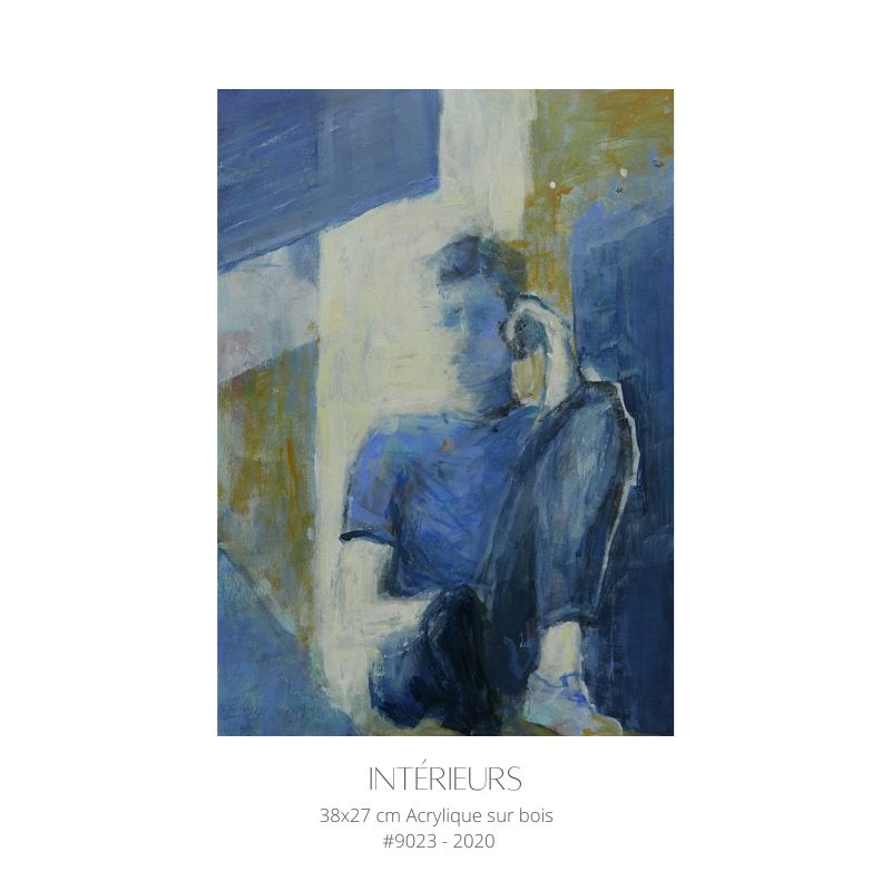peinture acrylique moderne semi figurative représentant un homme assis dans les tons bleus et ocres sur un support bois de 38 cm sur 27 cm réalisé par Florence Rigneau
