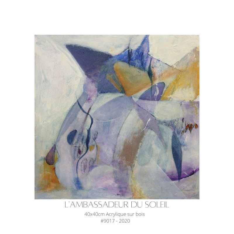 Peinture abstraite intuitive contemporaine "l'ambassadeur du soleil"en acrylique sur bois, dominée par des formes rondes et triangulaires comme un oiseau type pokemon dans les tons violets, jaunes dorés et lignes noires, œuvre d'art moderne 40x40 cm réalisée en 2020 par Florence Rigneau