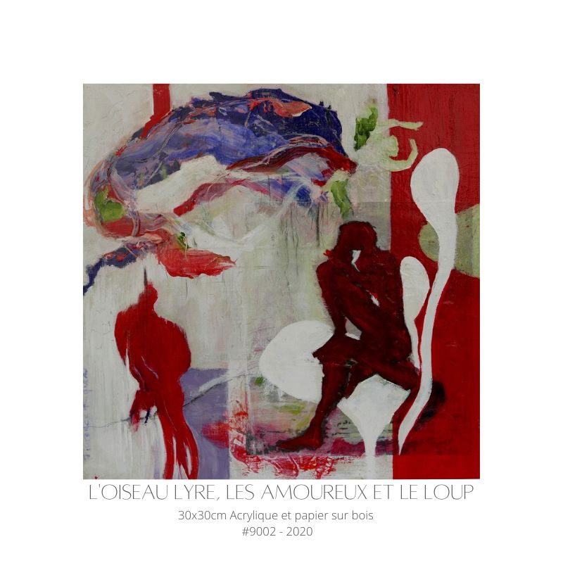 L’OISEAU LYRE, LES AMOUREUX ET LE LOUP, peinture abstraite narrative en acrylique et papier sur bois, silhouettes rouges, formes organiques et textures colorées, format carré 30x30 cm, œuvre contemporaine de 2020
