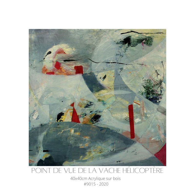Peinture abstraite contemporaine en acrylique sur bois, nommée "point de vue de la vache hélicoptère" dominée par des formes en arc dans les tons gris dégradés rouges, et lignes noires, œuvre d'art moderne 40x40 cm réalisée en 2020
