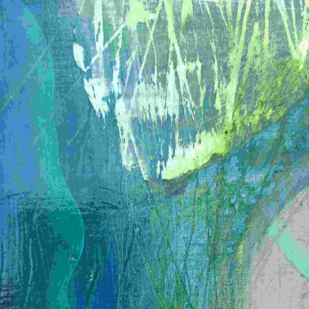 Peinture acrylique sur bois 40cm sur 40cm représentant dans les tons bleus et verts brillants des neurones